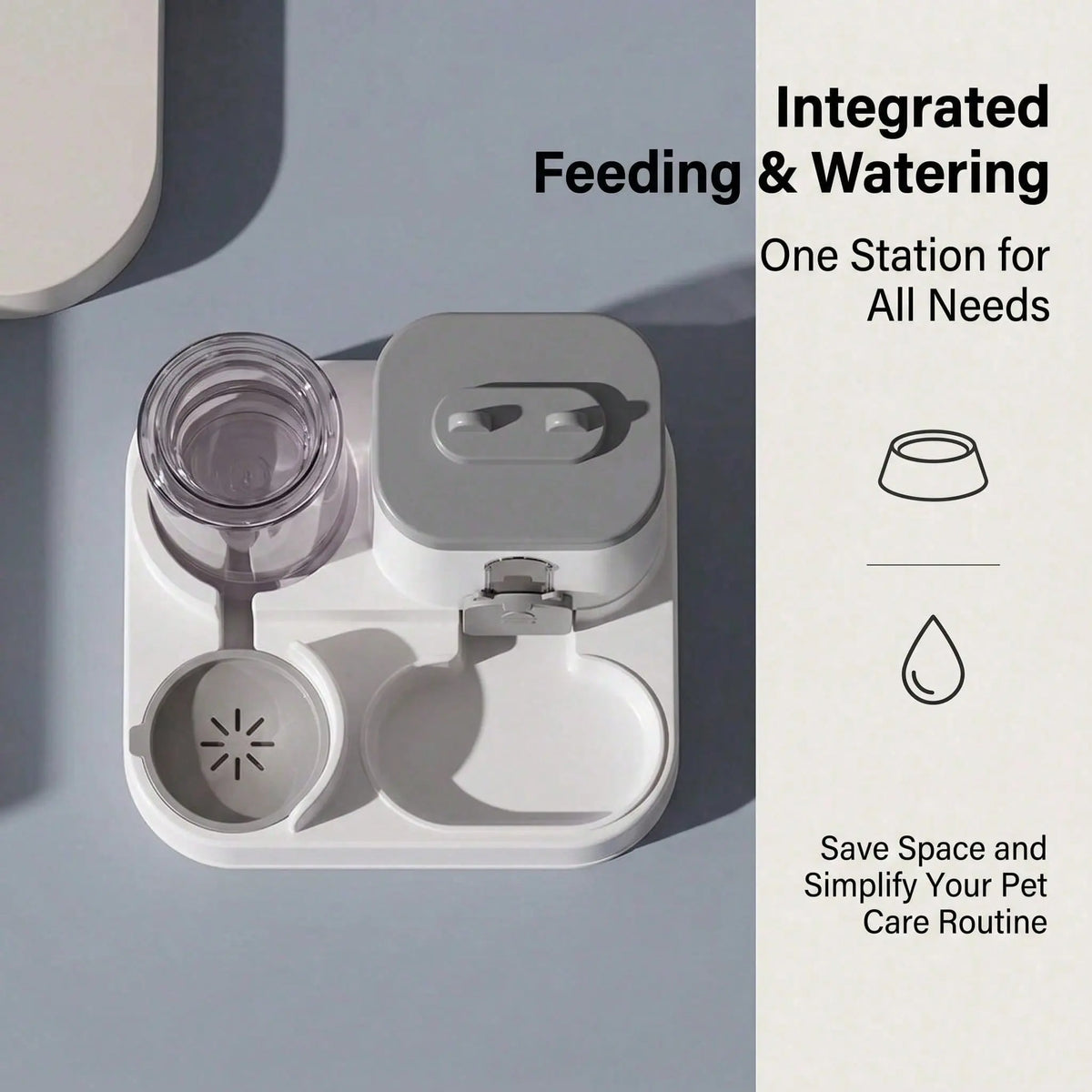 Furralo gravity pet feeder showing food and water dispensing design