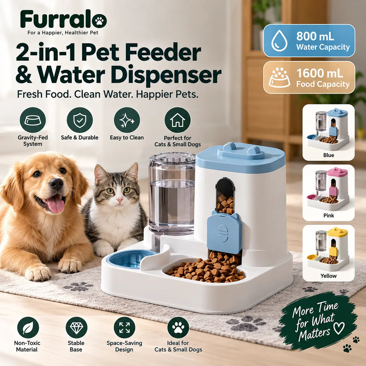 Furralo 2-in-1 gravity pet feeder and water dispenser with 1600 mL food and 800 mL water capacity